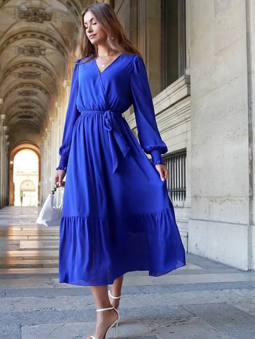 New Royal Blue V Neck Ruffle Belted Flowy Maxi Dresse